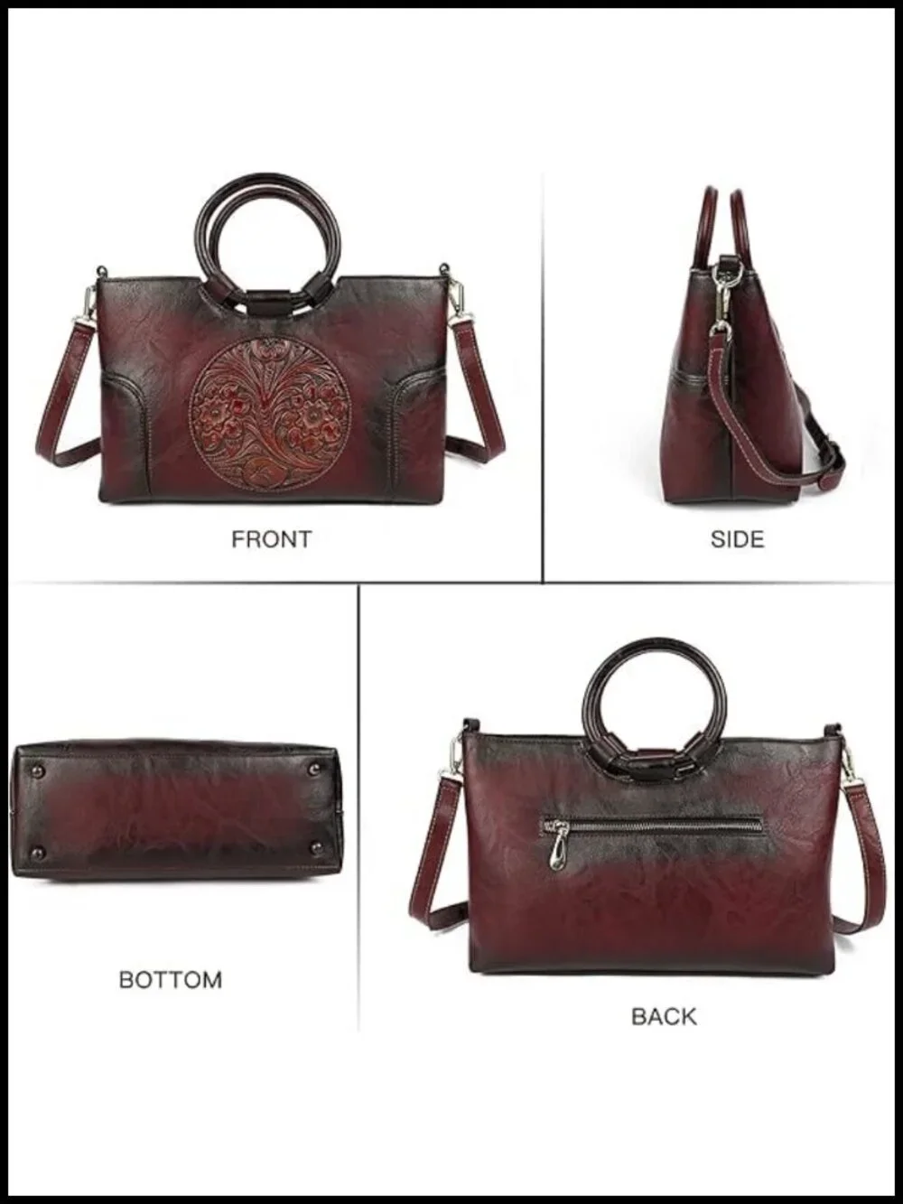 Vintage Faux Leather Satchel Tote Handbag with Detachable Strap